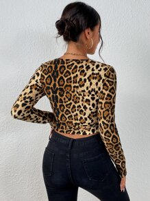 Top corto con estampado de leopardo con cordón delantero - Multicolor - Ver 2