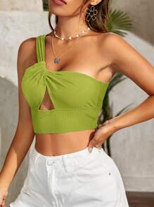 SHEIN BAE Cut Out One Shoulder Ruched Crop Top - Lime Green - View 3