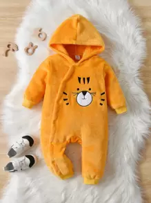 Baby Cartoon Embroidered Hooded Flannel Jumpsuit - Yellow - View 1