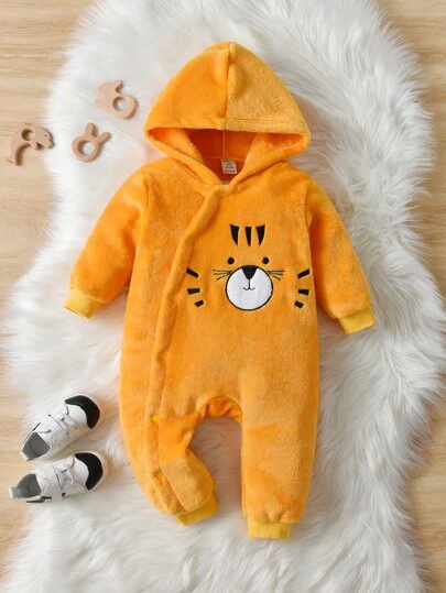 Baby Cartoon Embroidered Hooded Flannel Jumpsuit