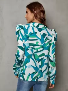 SHEIN Privé 幾何印花羊腿袖襯衫 - 綠色 - 查看 2