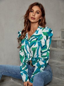 SHEIN Privé 幾何印花羊腿袖襯衫 - 綠色 - 查看 3