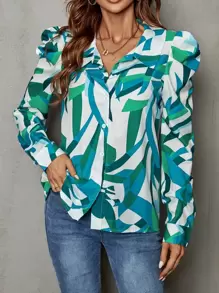 SHEIN Privé 幾何印花羊腿袖襯衫 - 綠色 - 查看 4