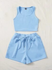 SHEIN EZwear Scoop Neck Tank Top and Track Shorts - Baby Blue - View 3