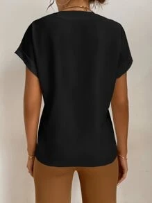 SHEIN Tall Bluză popover cu mânecă liliac cu crestătură, topuri cu mânecă scurtă - Negru - Vizualizare 2