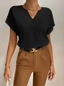 SHEIN Tall Bluză popover cu mânecă liliac cu crestătură, topuri cu mânecă scurtă - Negru - Vizualizare 4