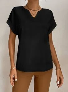 SHEIN Tall Bluză popover cu mânecă liliac cu crestătură, topuri cu mânecă scurtă - Negru - Vizualizare 5