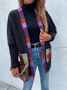 SHEIN LUNE Plaid Print Batwing Sleeve Pocket Patched Overcoat - Multicolor - View 4