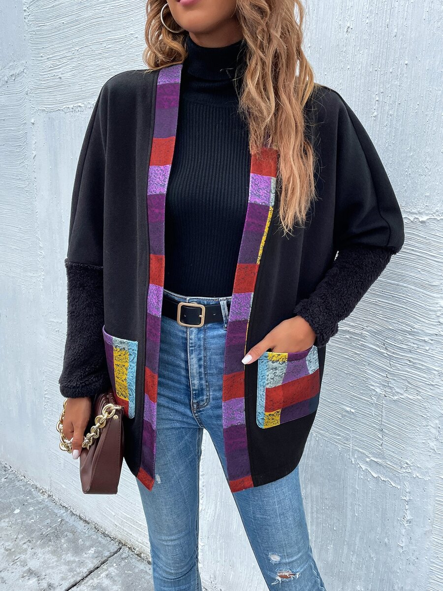 SHEIN LUNE Plaid Print Batwing Sleeve Pocket Patched Overcoat - Multicolor - View 1