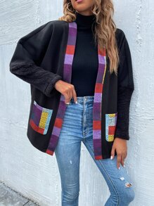 SHEIN LUNE Plaid Print Batwing Sleeve Pocket Patched Overcoat - Multicolor - View 6