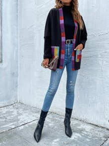 SHEIN LUNE Plaid Print Batwing Sleeve Pocket Patched Overcoat - Multicolor - View 3