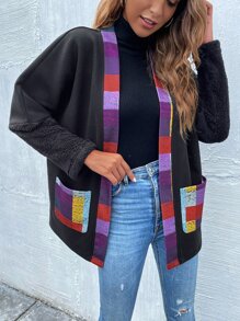 SHEIN LUNE Plaid Print Batwing Sleeve Pocket Patched Overcoat - Multicolor - View 5