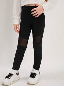 SHEIN Young Girl Comfortable Casual Mesh Knit Leggings With Patchwork - Black - View 1