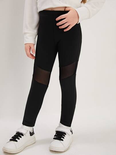SHEIN Young Girl Comfortable Casual Mesh Knit Leggings With Patchwork