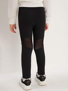 SHEIN Young Girl Comfortable Casual Mesh Knit Leggings With Patchwork - Black - View 2
