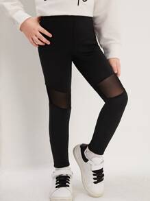 SHEIN Young Girl Comfortable Casual Mesh Knit Leggings With Patchwork - Black - View 3