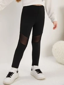 SHEIN Young Girl Comfortable Casual Mesh Knit Leggings With Patchwork - Black - View 5