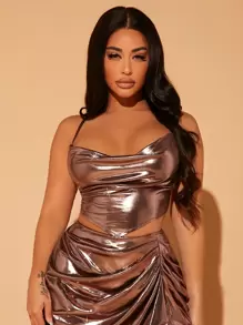 SHEIN SXY Áo hai dây Lộ Lưng Hội Chữ thập Vắt Cao thấp Buộc lại màu trơn Hấp dẫn - Đồng - Xem 1