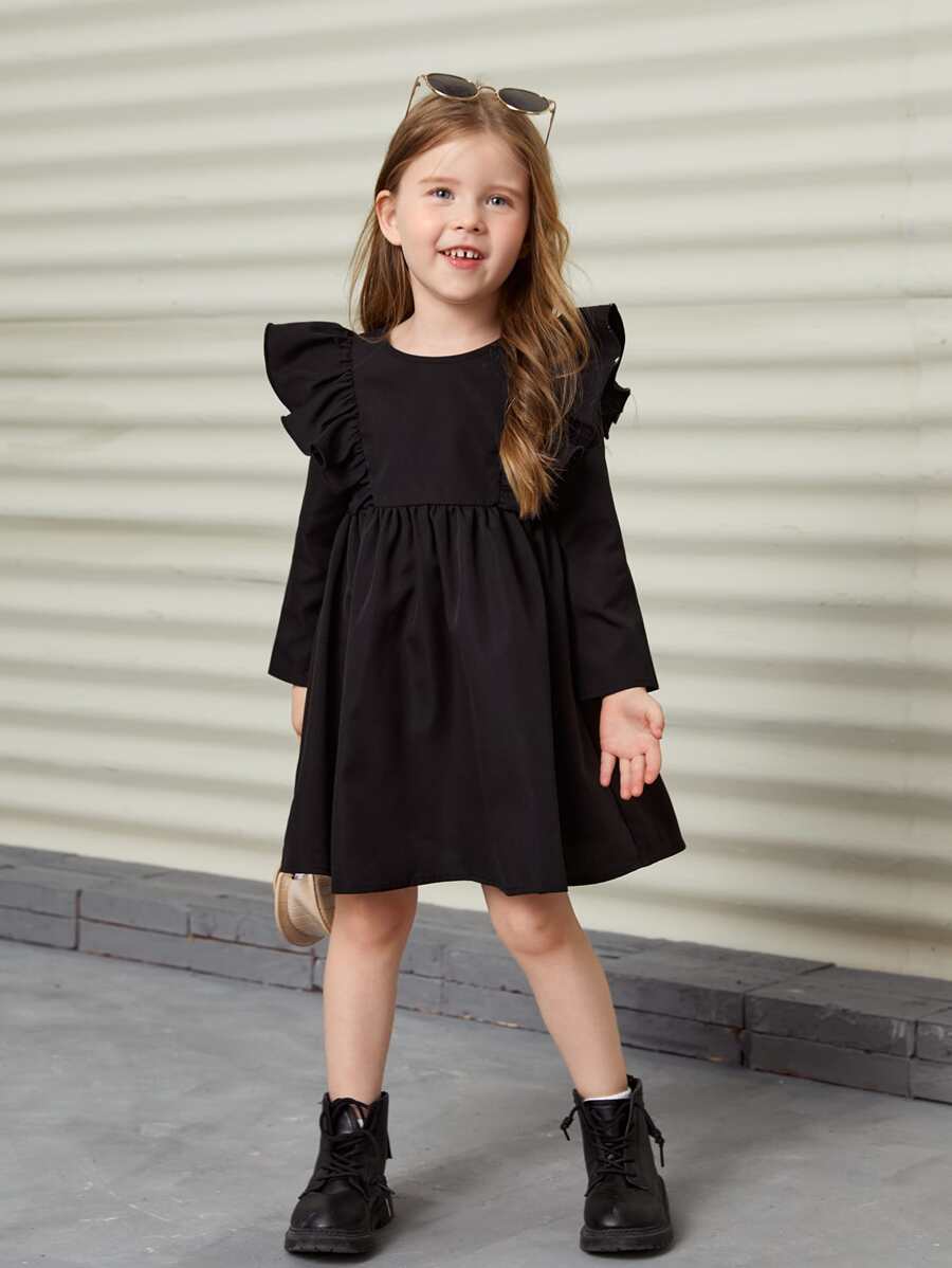 SHEIN Young Girl Casual Round Neck Ruffle Trim Long Sleeve Waist-Tied Solid Color Dress - Black - View 1