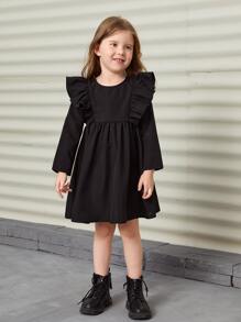 SHEIN Young Girl Casual Round Neck Ruffle Trim Long Sleeve Waist-Tied Solid Color Dress - Black - View 3