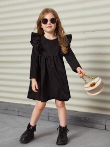 SHEIN Young Girl Casual Round Neck Ruffle Trim Long Sleeve Waist-Tied Solid Color Dress - Black - View 4