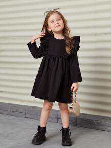 SHEIN Young Girl Casual Round Neck Ruffle Trim Long Sleeve Waist-Tied Solid Color Dress - Black - View 5