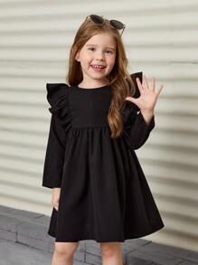 SHEIN Young Girl Casual Round Neck Ruffle Trim Long Sleeve Waist-Tied Solid Color Dress - Black - View 6