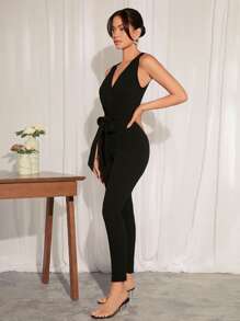 BizChic 交疊領腰帶彈力緊身連體褲工作服 - 黑色 - 查看 6