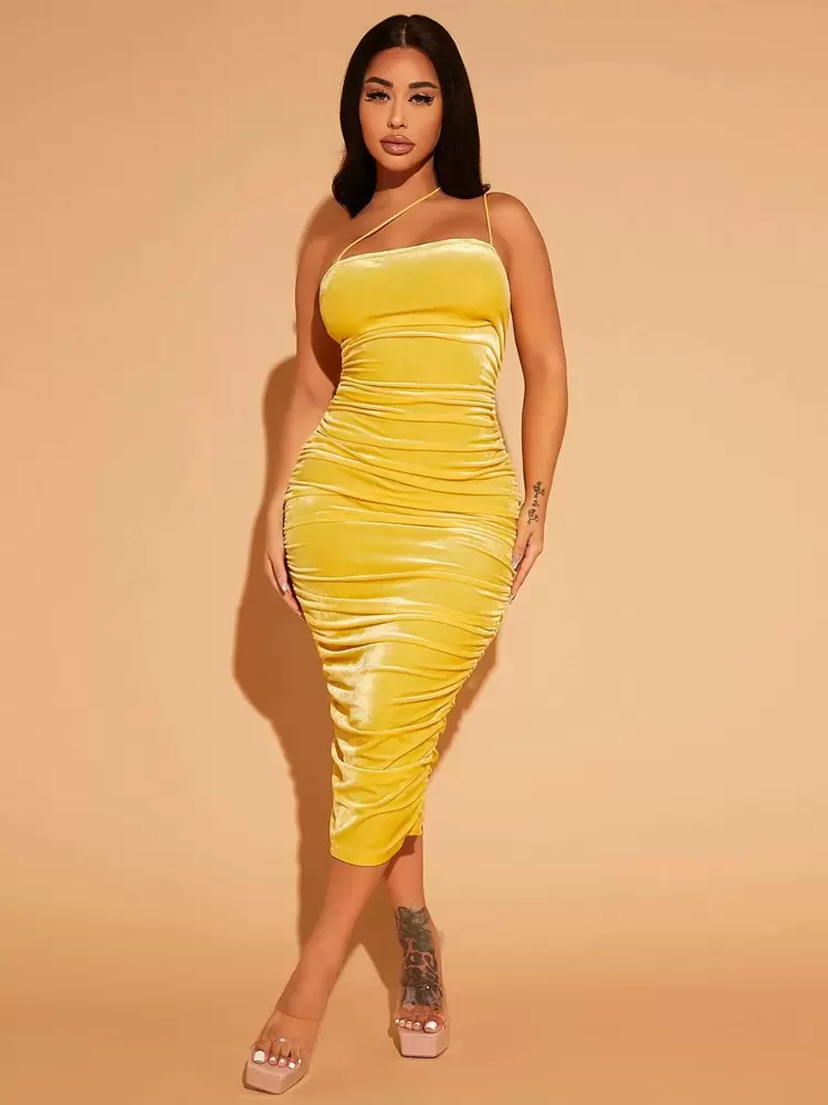 shein one shoulder ruched bodycon dress SXY Velvet Ax paris