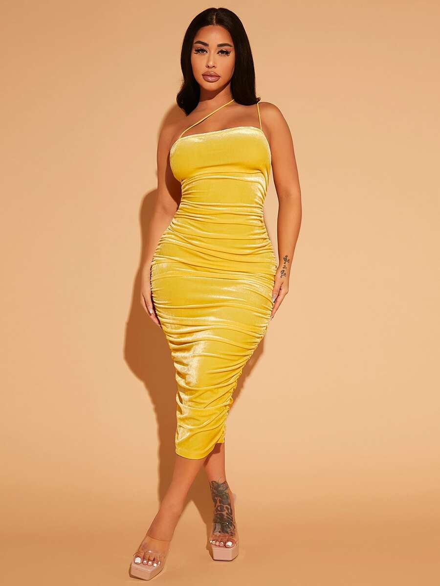 SHEIN SXY One Shoulder Ruched Velvet Bodycon Dress - Yellow - View 1