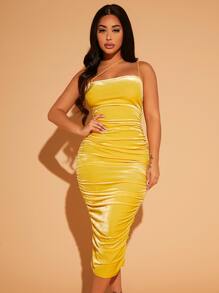 SHEIN SXY One Shoulder Ruched Velvet Bodycon Dress - Yellow - View 3