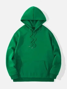 Men Kangaroo Pocket Drawstring Thermal Hoodie - Green - View 1