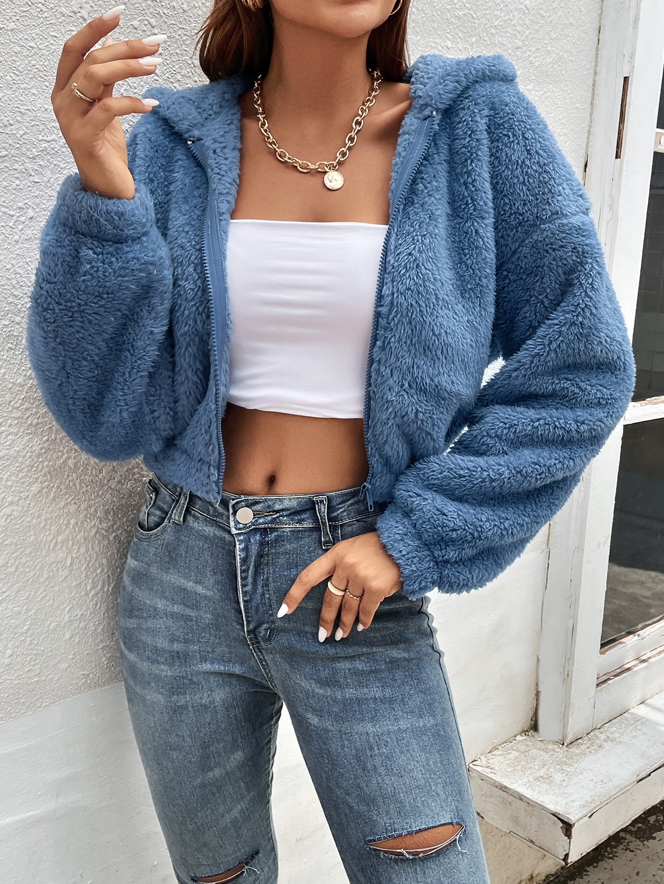 Our Drop Shoulder Hooded Teddy Jacket is such a vibe - ROMWE