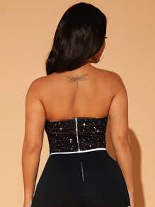 SHEIN SXY Top bandeau fruncido bajo asimétrico con diseño de diamante de imitación de malla - Negro - Ver 4