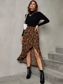 SHEIN LUNE Chân váy quấn in họa tiết toàn thân, viền bèo nhún. - Cà phê nâu - Xem 3