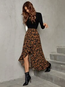 SHEIN LUNE Chân váy quấn in họa tiết toàn thân, viền bèo nhún. - Cà phê nâu - Xem 6