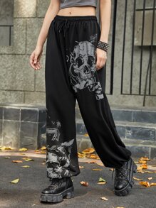 ROMWE Grunge Punk Skull Graphic Sweatpants, School - Black - View 3