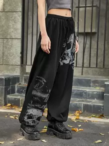 ROMWE Grunge Punk Skull Graphic Sweatpants, School - Black - View 4