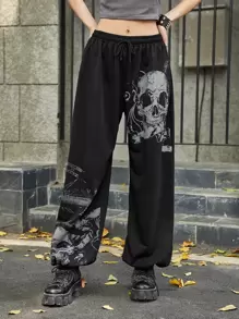 ROMWE Grunge Punk Skull Graphic Sweatpants, School - Black - View 5