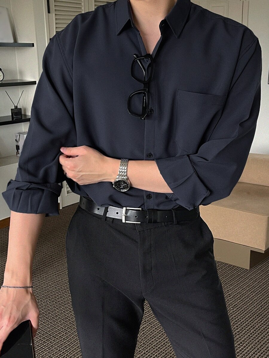 DAZY Men Solid Pocket Patched Shirt Long Sleeve Men Shirt Business Attire - Navy Blue - View 1