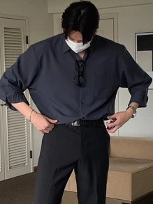 DAZY Men Solid Pocket Patched Shirt Long Sleeve Men Shirt Business Attire - Navy Blue - View 5