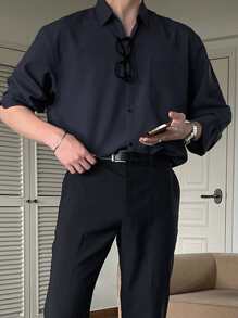 DAZY Men Solid Pocket Patched Shirt Long Sleeve Men Shirt Business Attire - Navy Blue - View 7