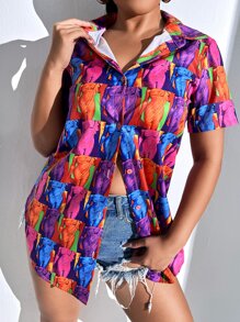 SHEIN SXY 滿版人像圖案前排扣襯衫 - 彩色 - 查看 5