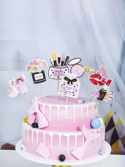 7pcs Makeup Design Cake Topper, Paper Cake Decoration For Birthday Party,Christmas