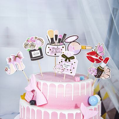 7 件化妆设计蛋糕装饰，生日派对、圣诞节纸质蛋糕装饰