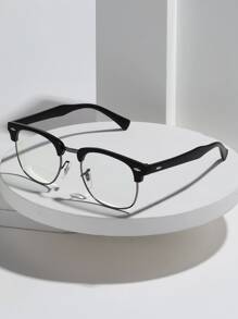 1 pieza Gafas clásicas de viaje con marco dorado de gelatina con mezcla de borde y decoración de tachuelas, lentes transparentes retro adecuadas para estudiantes que regresan al campus, con recubrimiento reflectante en la superficie de los lentes para bloquear la radiación. - Negro - Ver 5