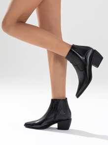 Crocodile Embossed Side Zip Chunky Heeled Classic Boots - Black - View 2