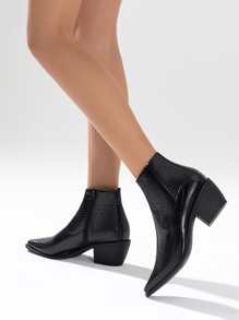 Crocodile Embossed Side Zip Chunky Heeled Classic Boots - Black - View 3