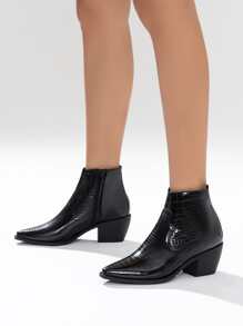 Crocodile Embossed Side Zip Chunky Heeled Classic Boots - Black - View 4