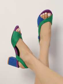 女士撞色粗跟露跟時尚夏天仿麂皮高跟涼鞋